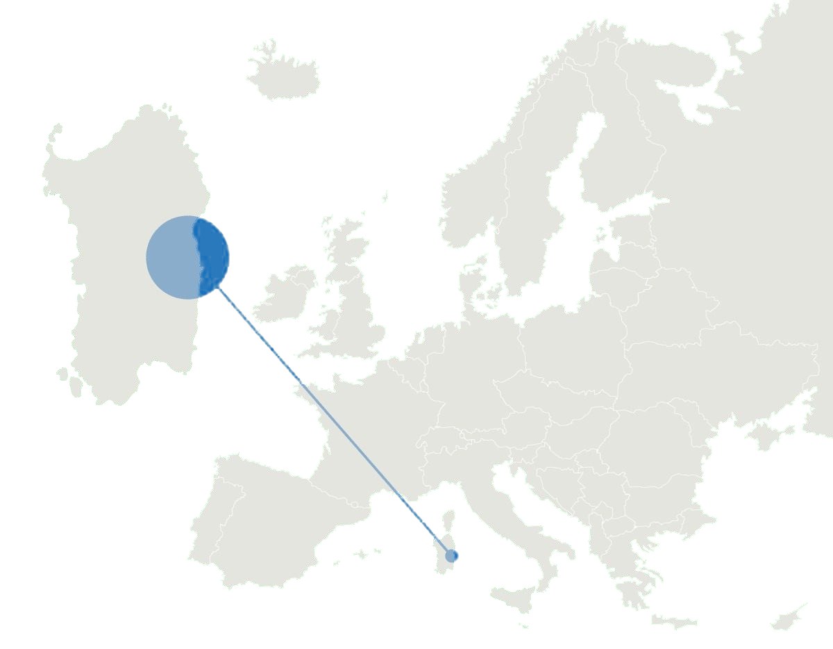 Mappa dell'Europa che individua la Sardegna e, sulla costa orientale dell'isola, l'Ogliastra