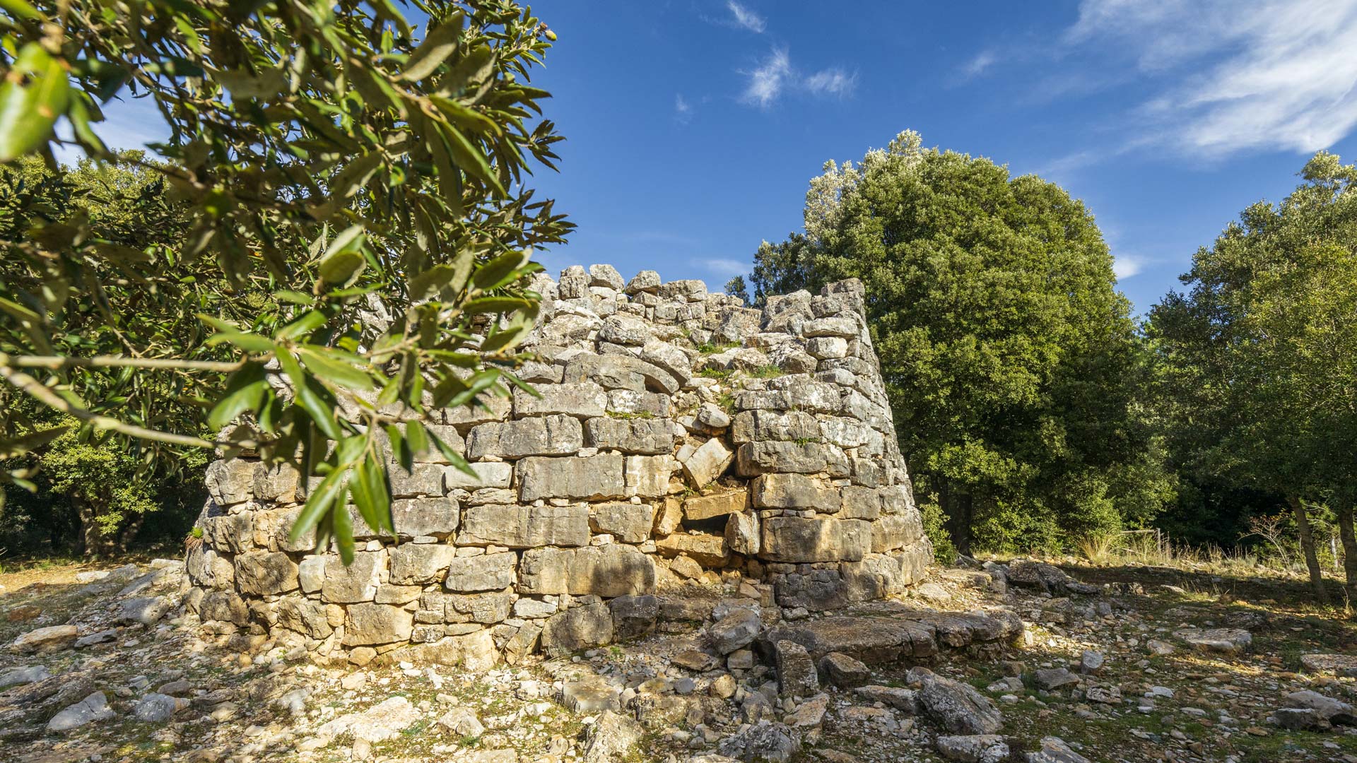 Nuraghe in pietra circondato da ulivi e lecci sotto il cielo azzurro, Ogliastra